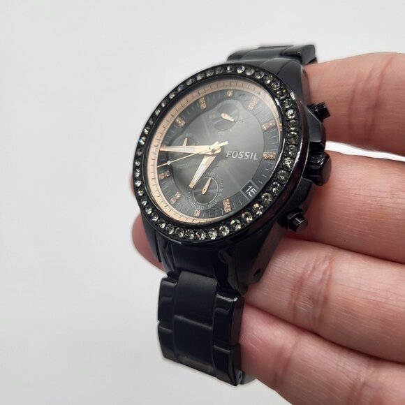 FOSSIL Women's Decker Watch Black Rhinestone Gold Tone - Picture 4 of 13